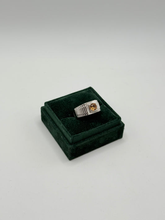 .925 Sterling Silver Citrine Square Signet Ring (Textured Shoulders) Sz. 10
