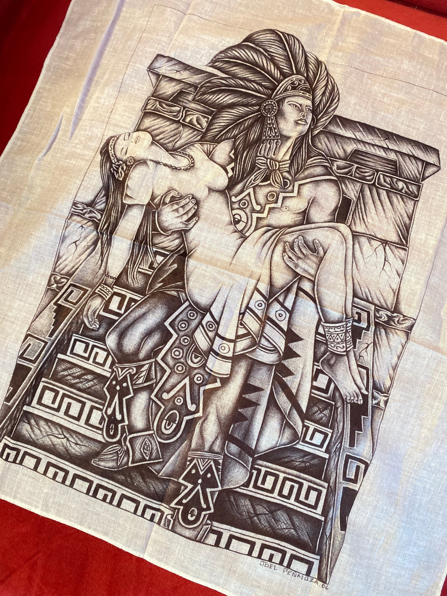 Vintage Prison Art Lady Aztec Warrior King And Queen Pyramid Mexico Mexican Pen On Bandana Handmade Artwork