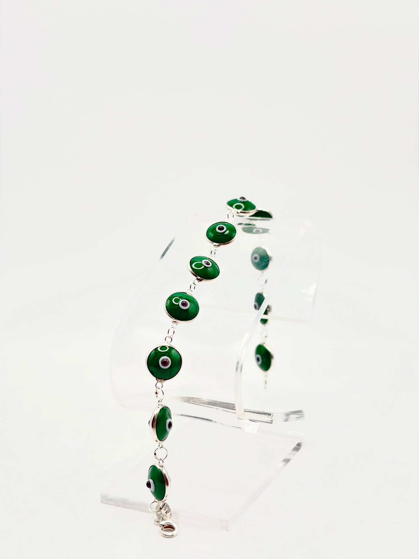 .925 Sterling Silver Evil Eye Bracelet Green 7in