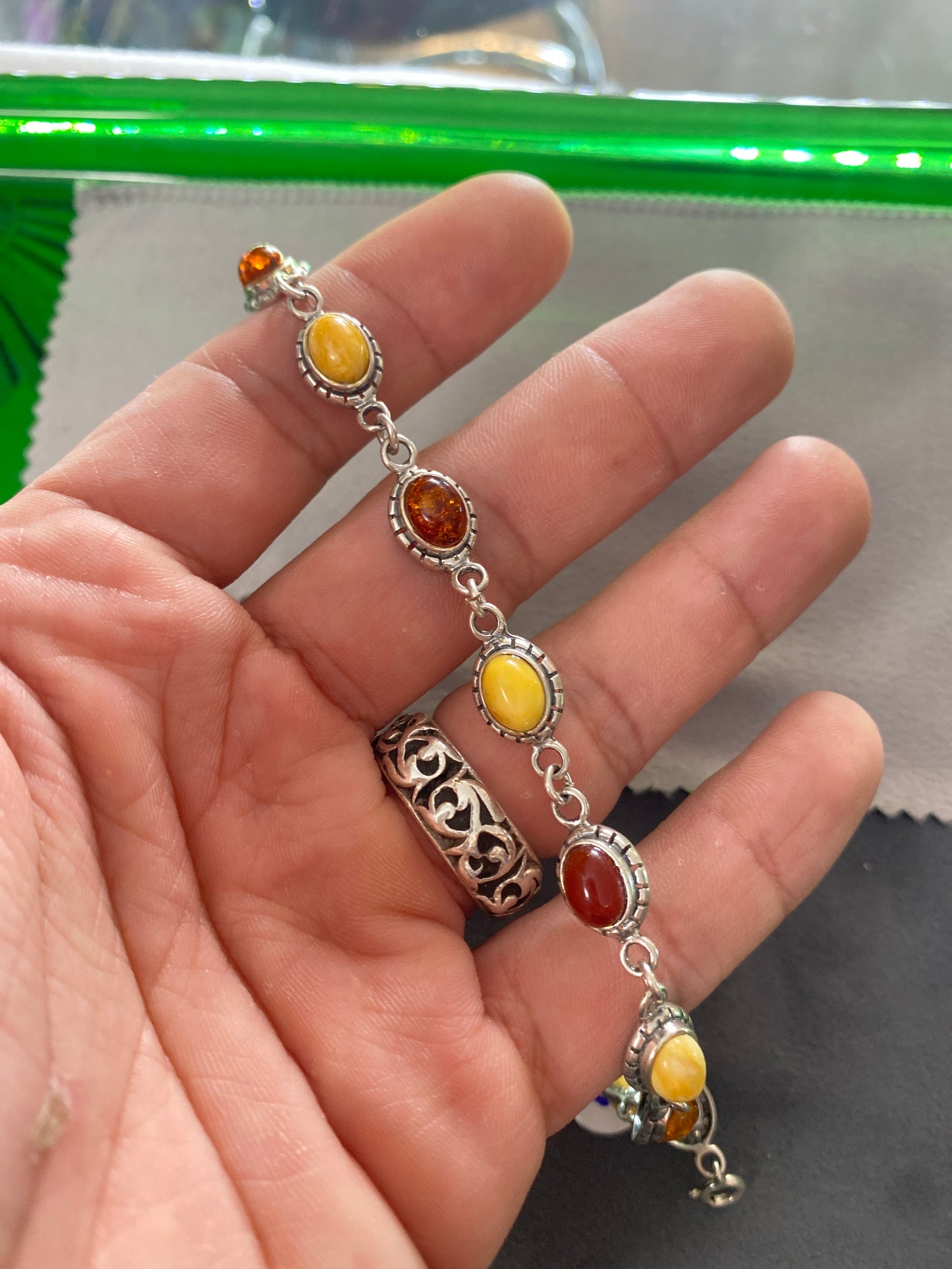 .925 Sterling Silver Amber Yellow Gemstone Bracelet Sz 7.5”
