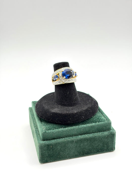 .925 Sterling Silver Gold Tone Blue Sapphire CZ Ring Sz. 5