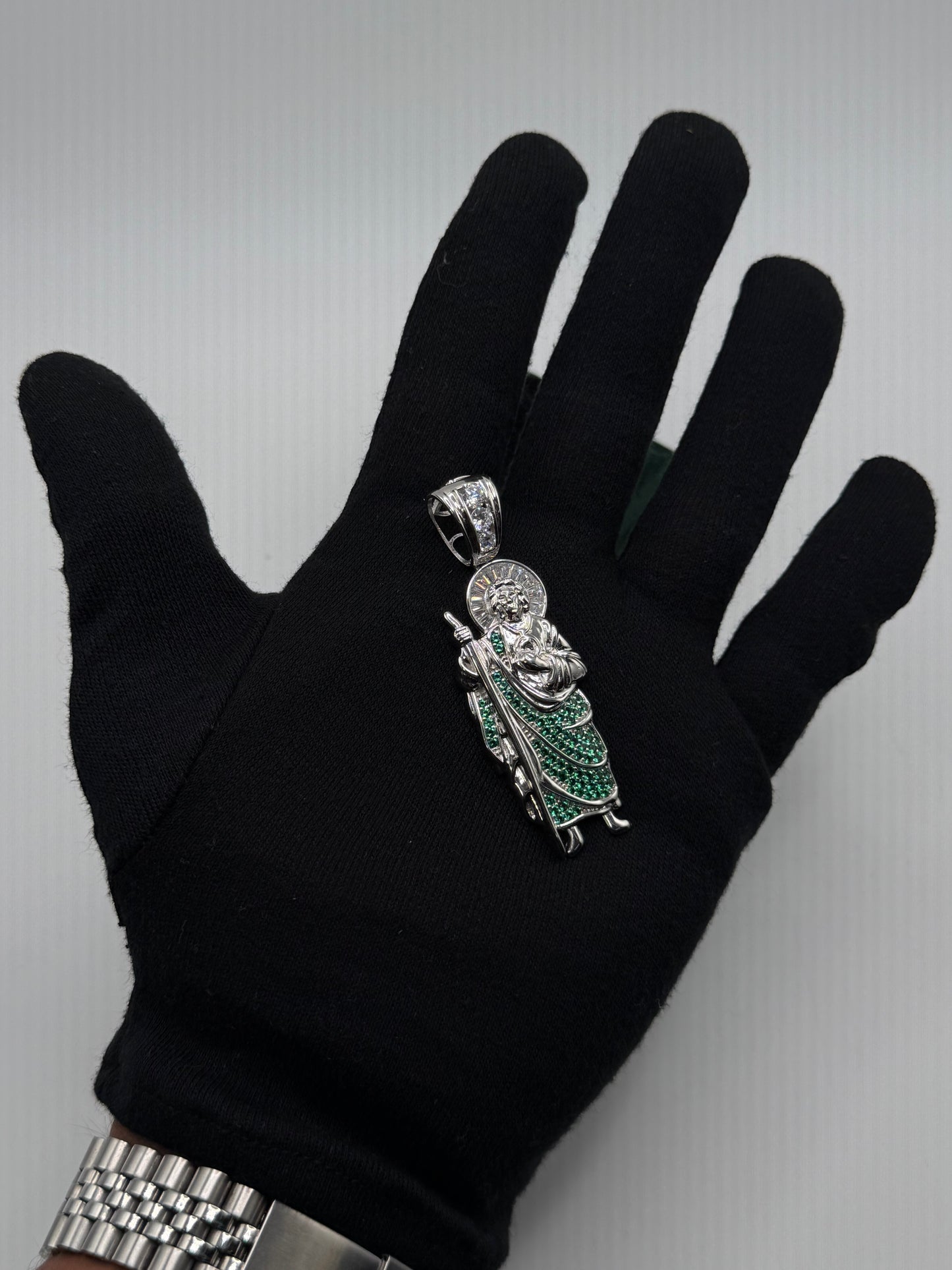 .925 Sterling Silver San Judas CZ Green X-large pendant 3”