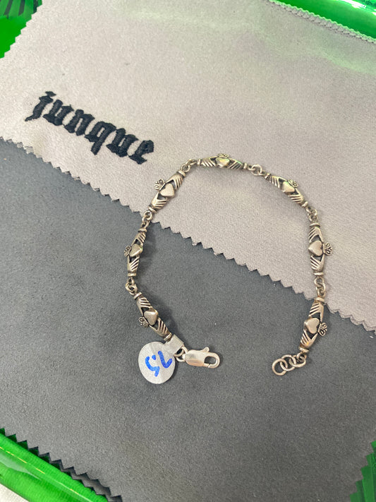 .925 Sterling Silver Heart Crown Bracelet Sz 7.5”