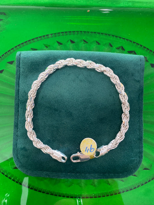.925 Sterling Silver Thick Rope Bracelet 9”