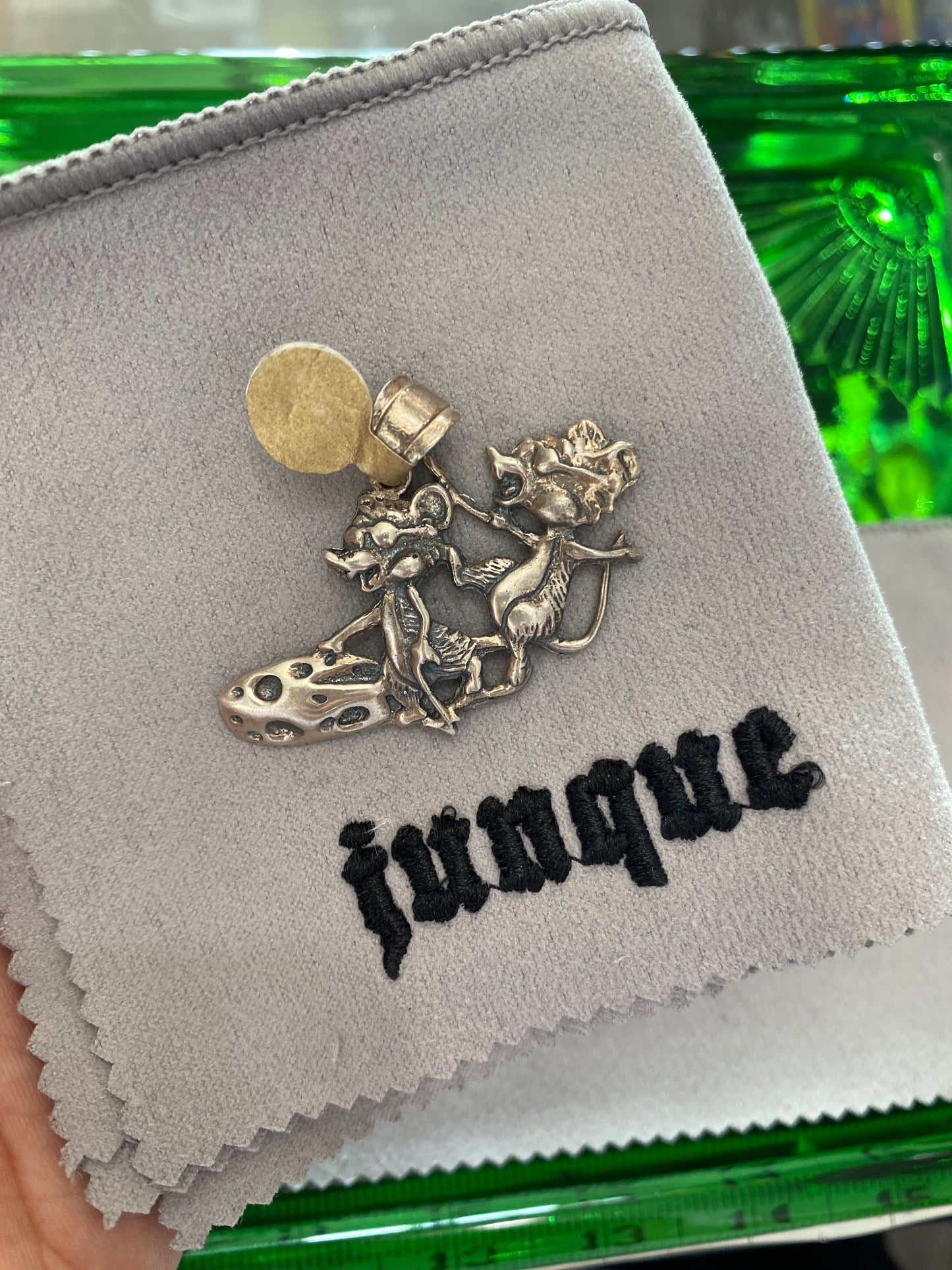 .925 Sterling Silver Rat Mice Mouse Riding Cheese Pendant