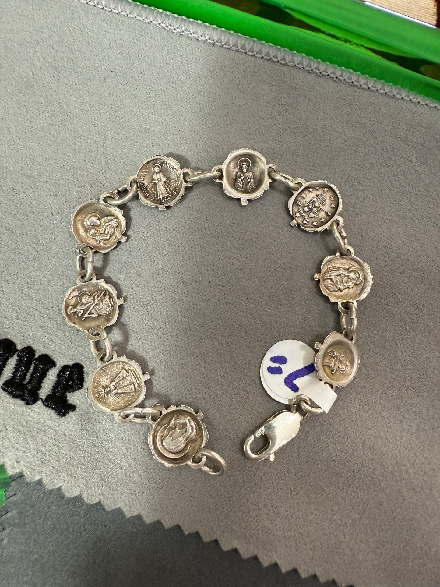 .925 Sterling Silver rose religious saints bracelet 7”