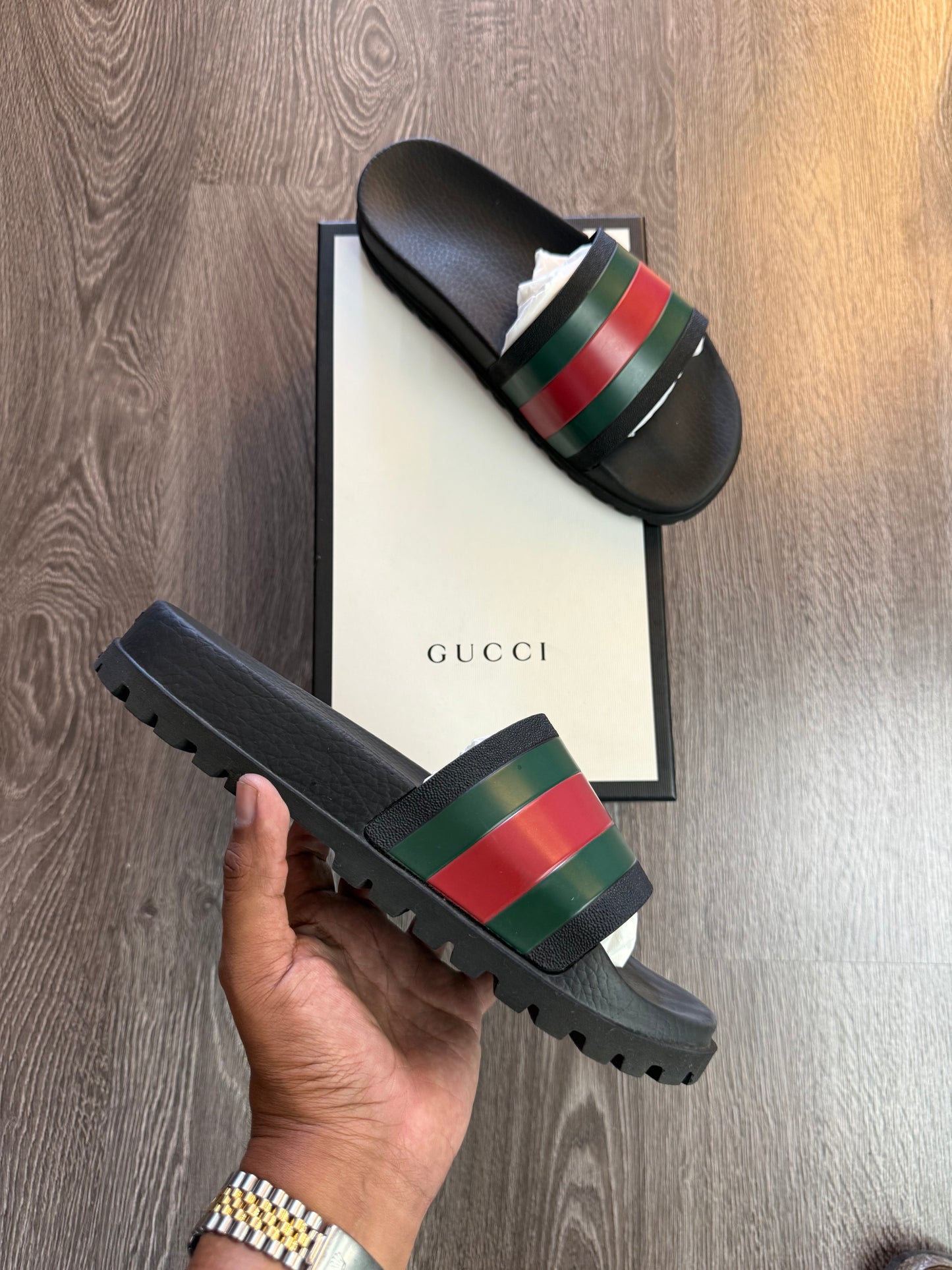 Gucci Web Stripe Black Rubber Slide Sandals w/ Box size 9