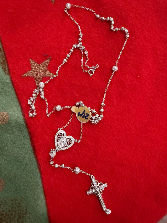 .925 Sterling silver Rosario rosary 24” Virgin Mary heart