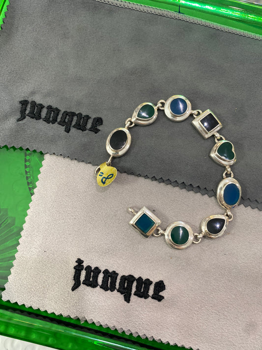 .925 Sterling Silver Multi gem Blue Onyx Green Heart Link Bracelet Sz 8”
