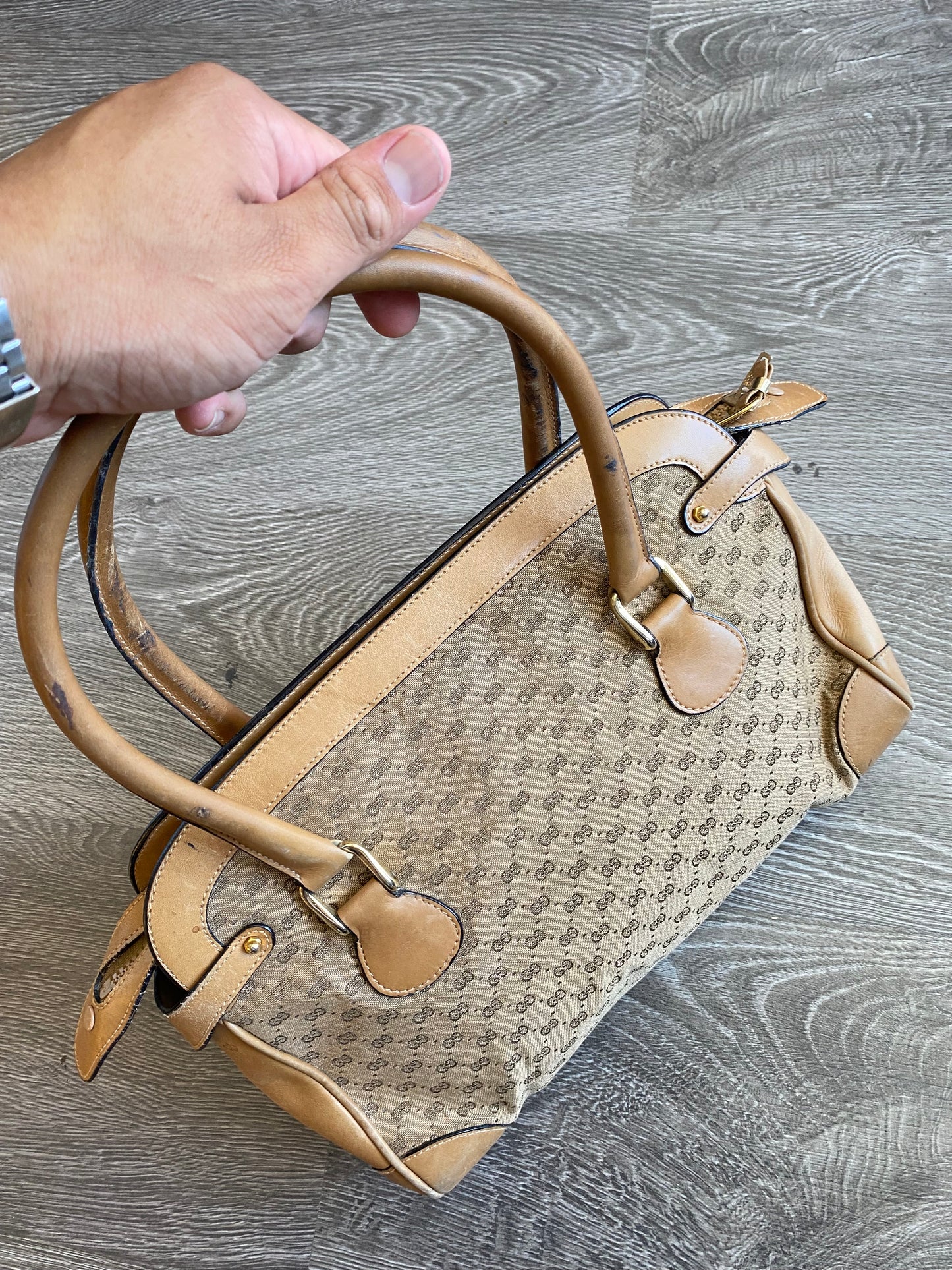 Vintage Gucci Micro GG Canvas Top Handle Leather Hand Bag Handbag Purse Light Brown