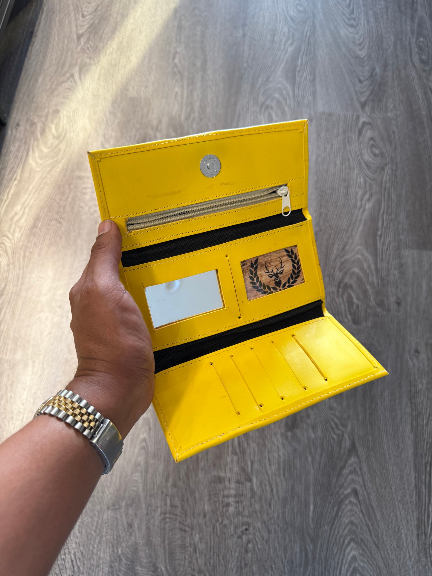 Yellow leather wallet tri-fold