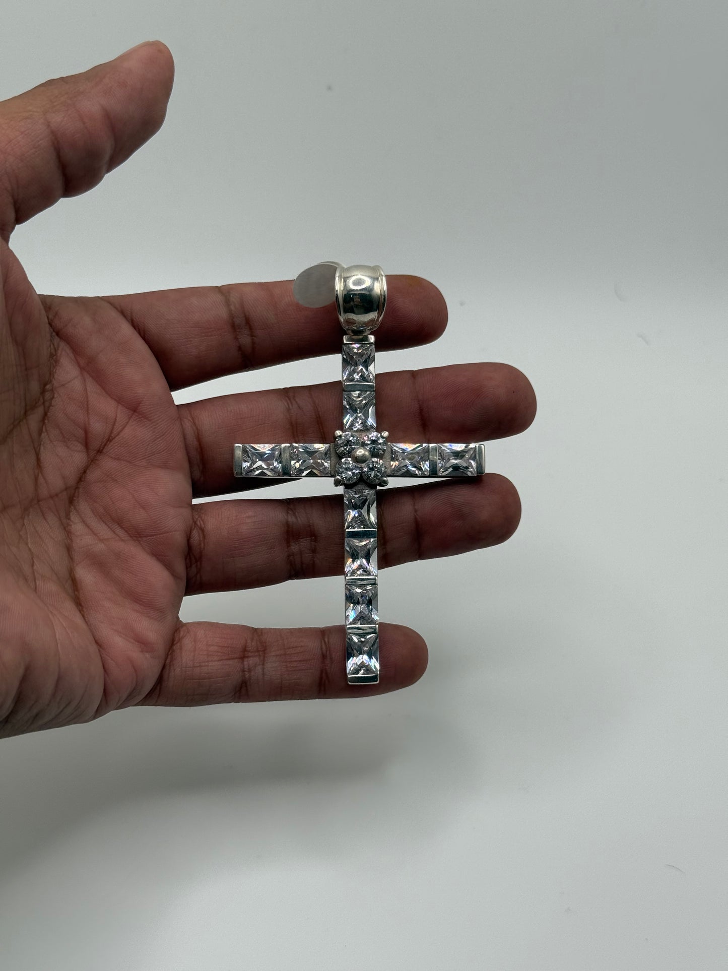 .925 Sterling Silver Large Heavy CZ Cross Pendant