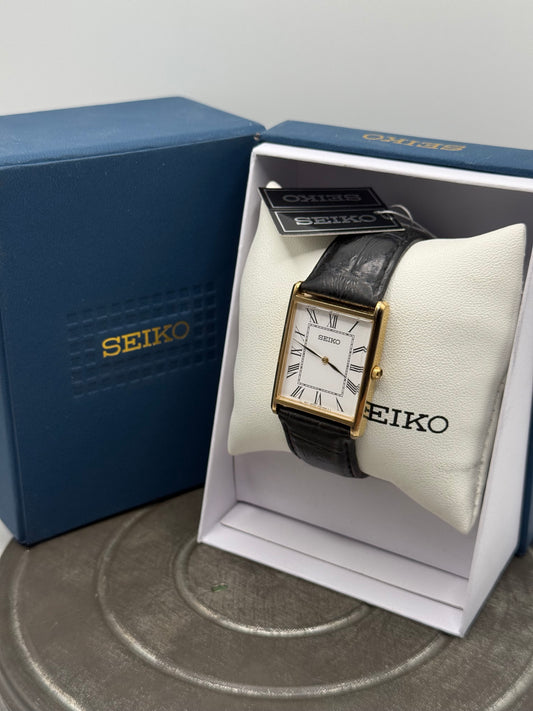 Seiko Jumbo Tank Watch – White Roman Numeral Dial, Gold Tone Case, Black Leather Strap with Box