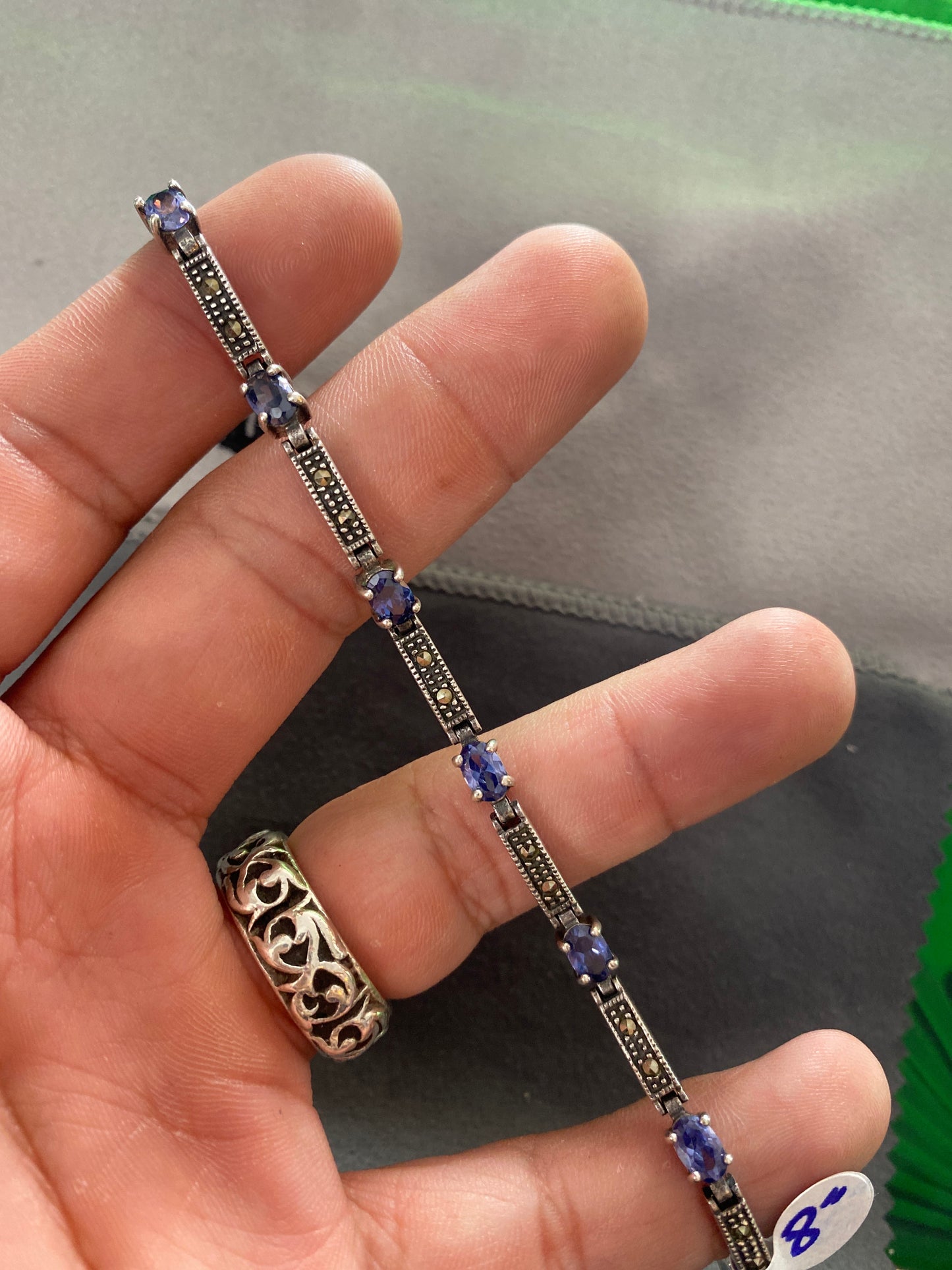 .925 Sterling Silver Onyx Sapphire Bracelet Sz 8”