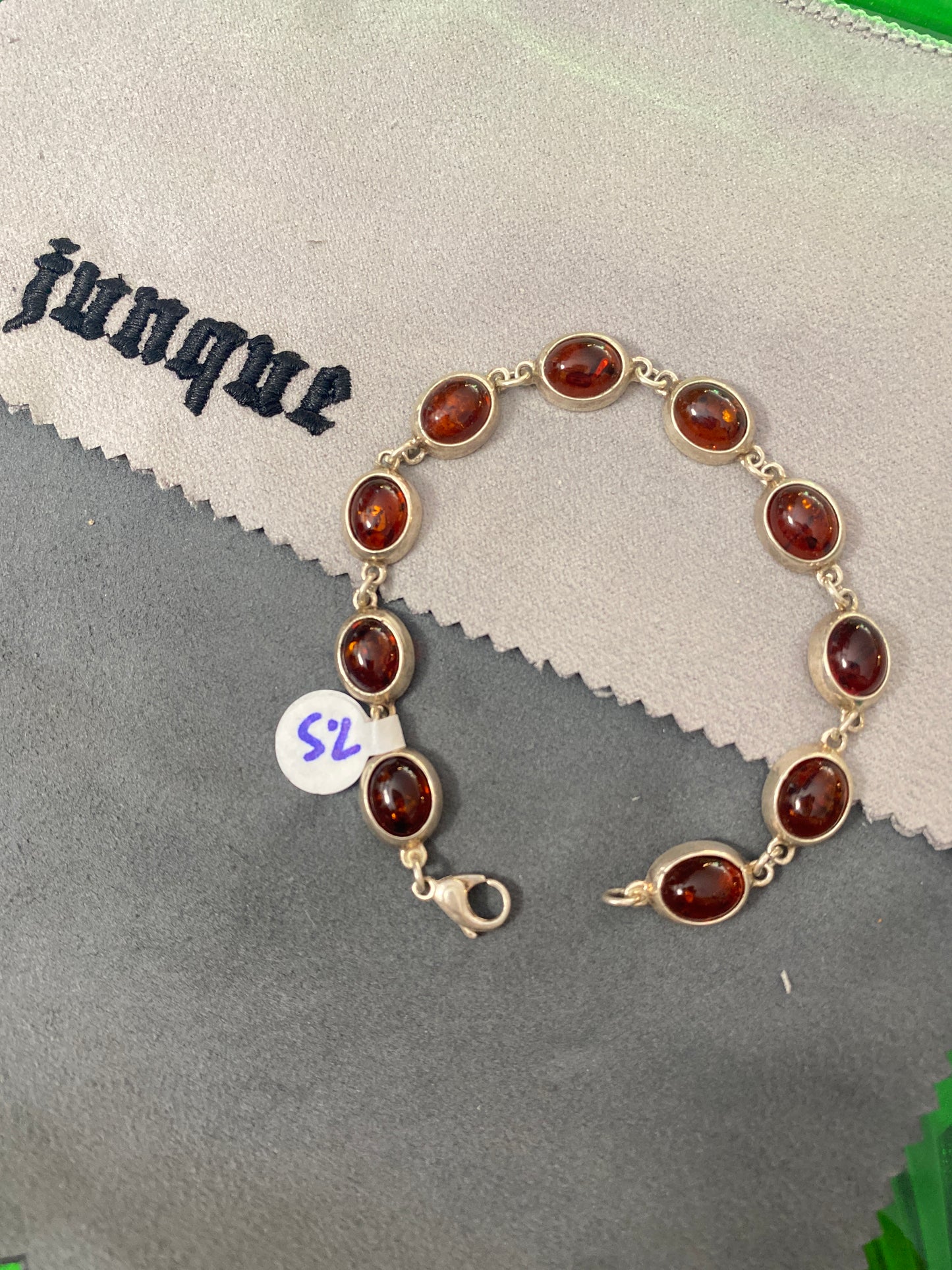 .925 Sterling Silver Amber Oval Link Bracelet Sz 7.5