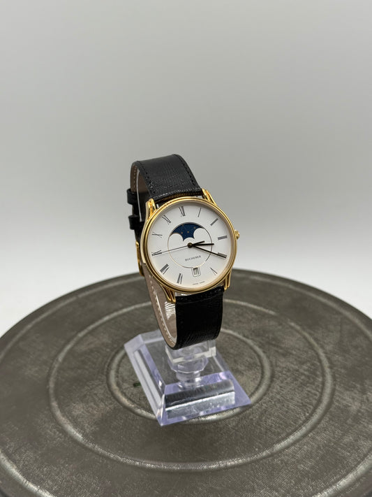 Vintage Bucherer Swiss Made Moonphase-Style Dress Watch – White Roman Numeral Dial, Gold Tone Case, Black Original Strap