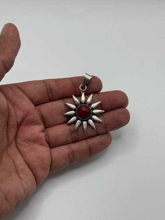 .925 Sterling Silver Red Coral Sunburst Pendant