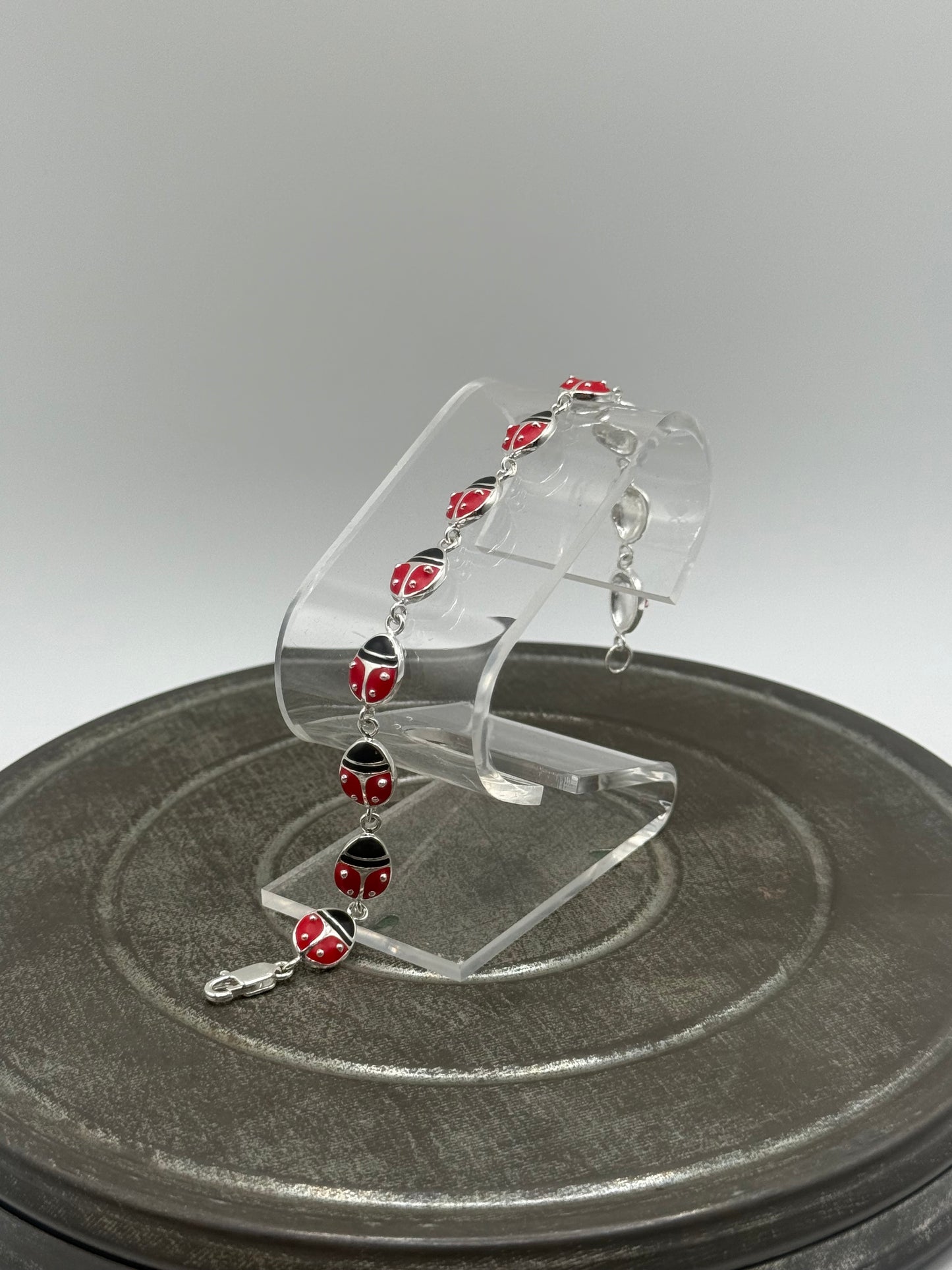 .925 Sterling Silver Lady Bug Red Enamel Bracelet Sz. 7.5”