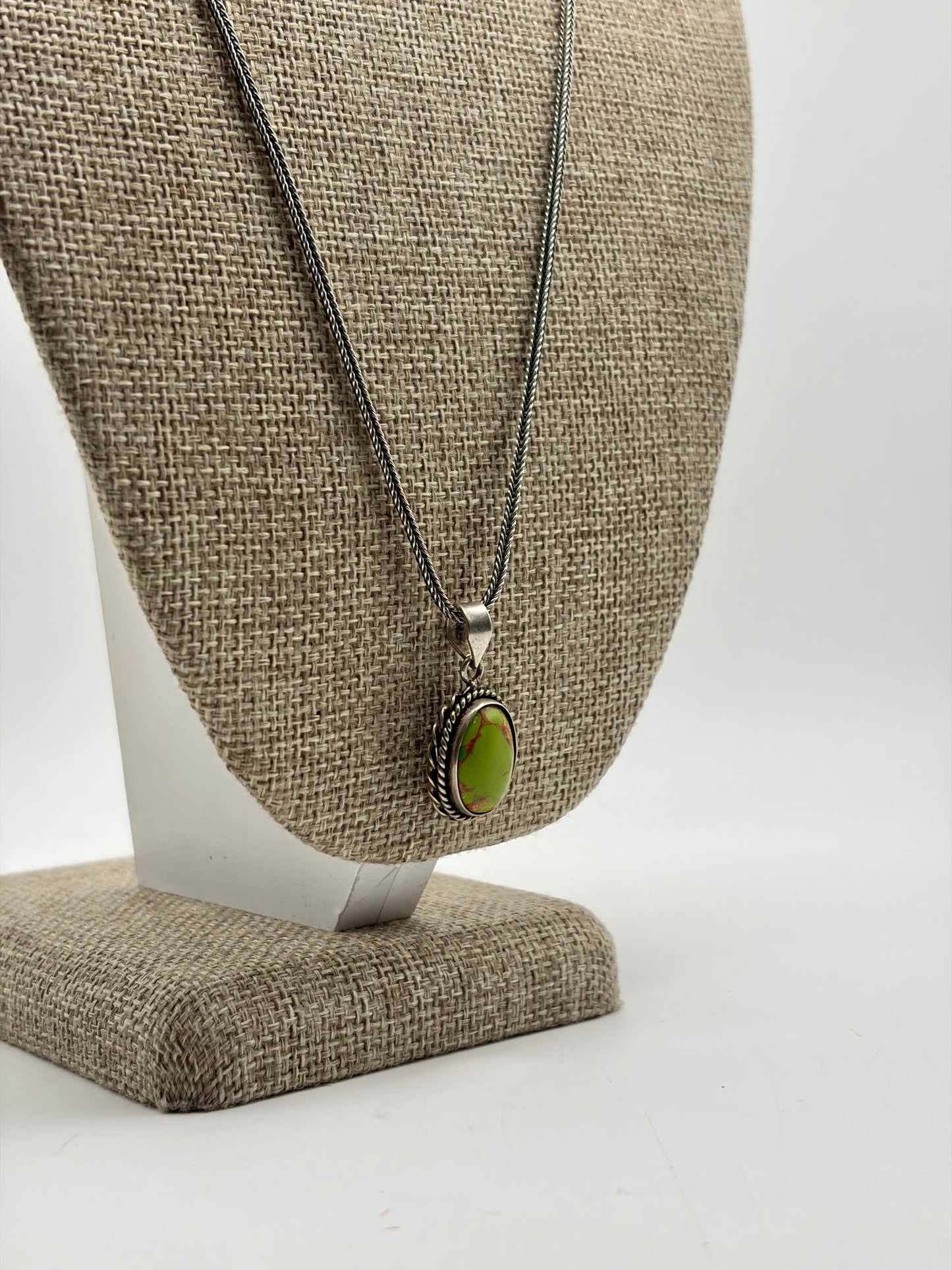 .925 Sterling Silver Herringbone Link Necklace with Green Stone Pendant 21”
