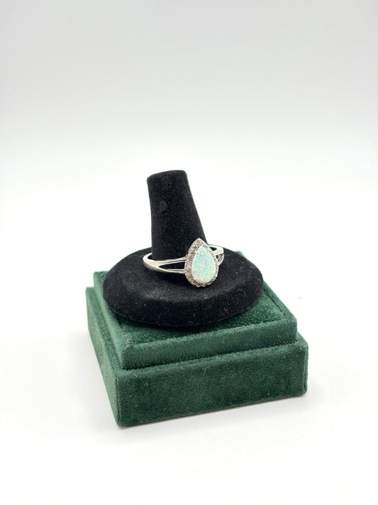 .925 Sterling Silver Tear Drop Opal CZ Ring Sz. 13
