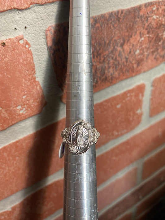 .925 Sterling Silver Oval Studded Virgin Mary Virgencita Ring Sz 8”