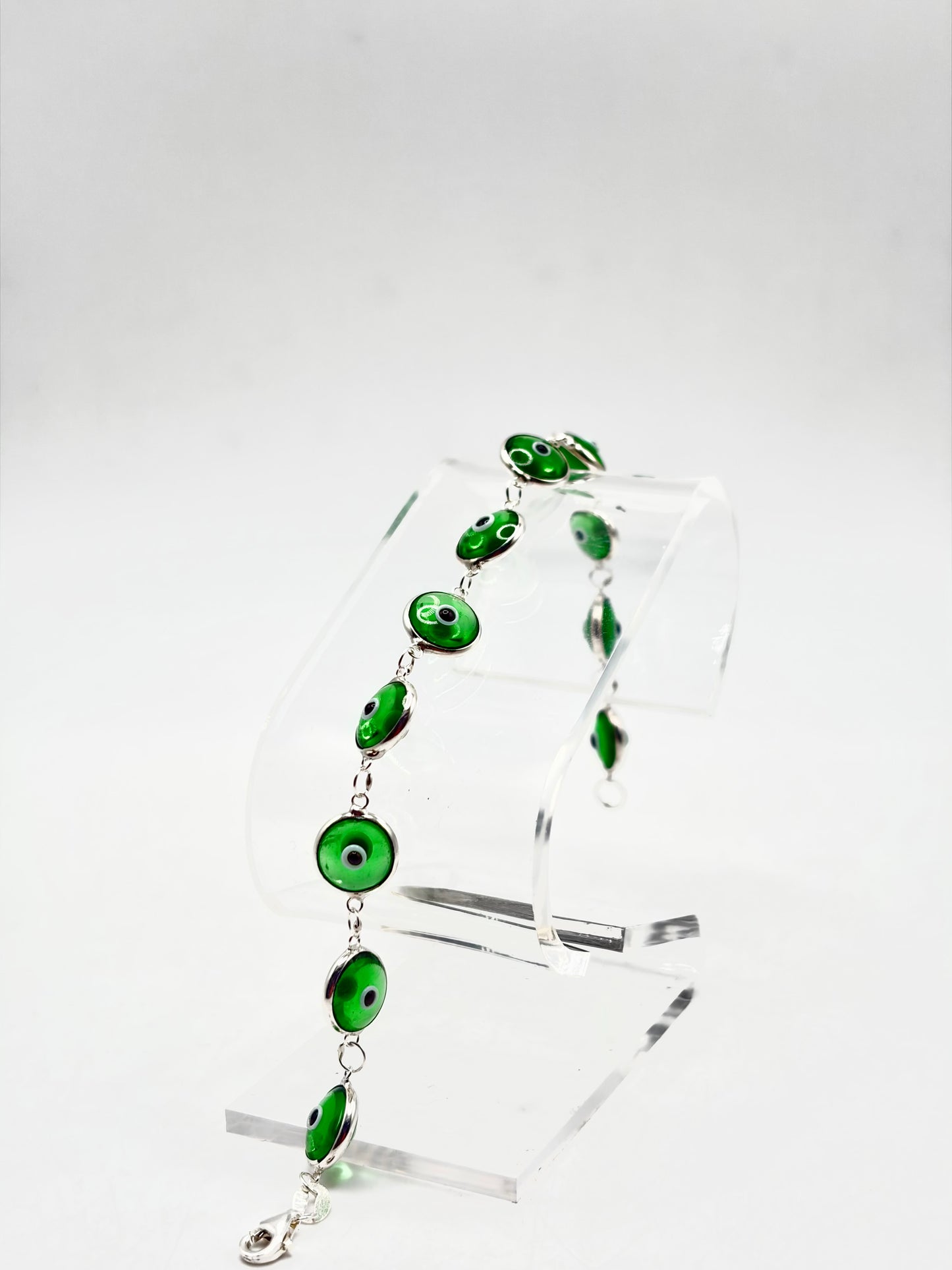 .925 Sterling Silver Evil Eye Bracelet Green Translucent 7in