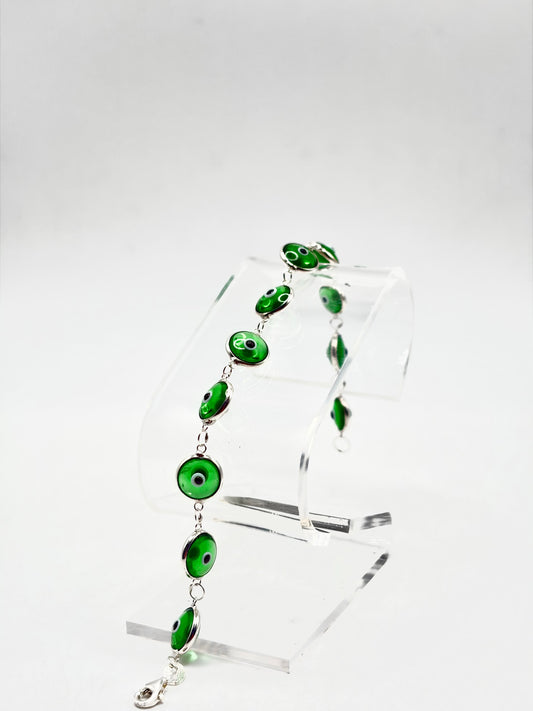 .925 Sterling Silver Evil Eye Bracelet Green Translucent 7in