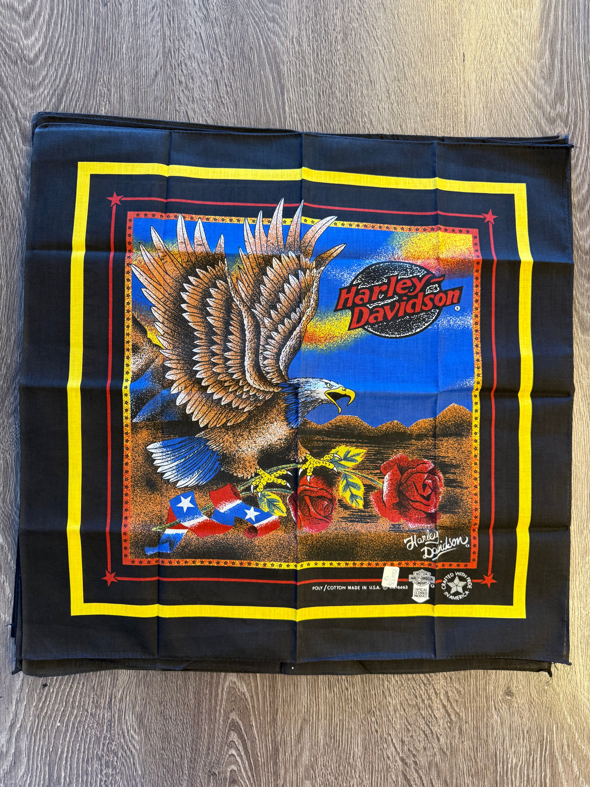 Vintage Harley-Davidson Eagle & Roses Made in USA Bandana NOS