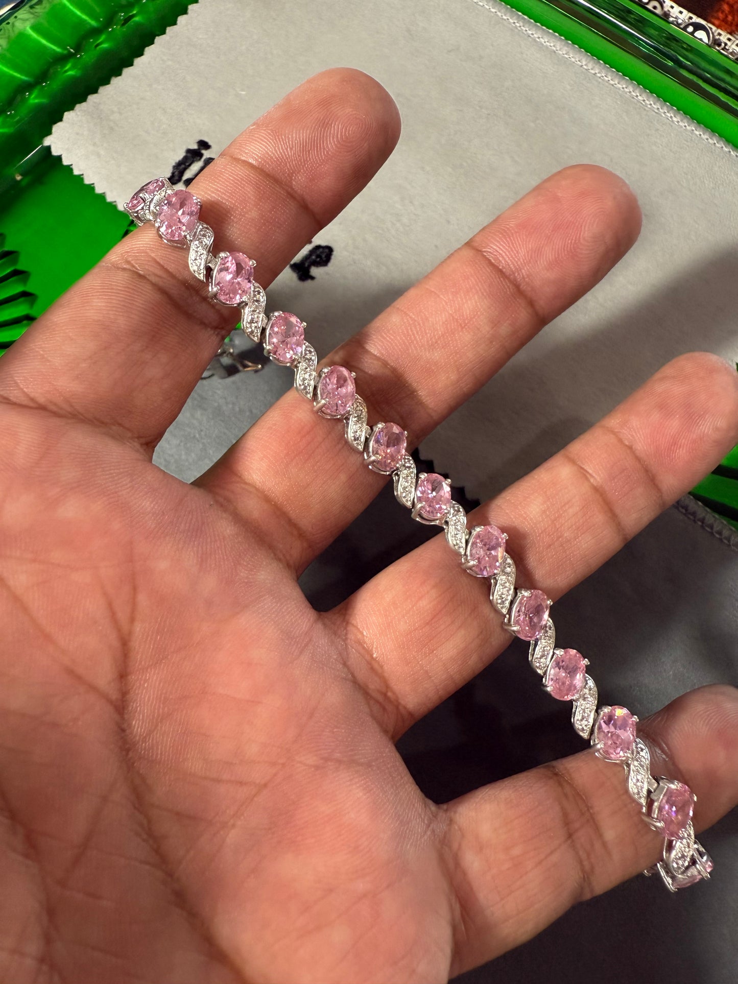 .925 Sterling Silver pink CZ gemstone bracelet 7.5”