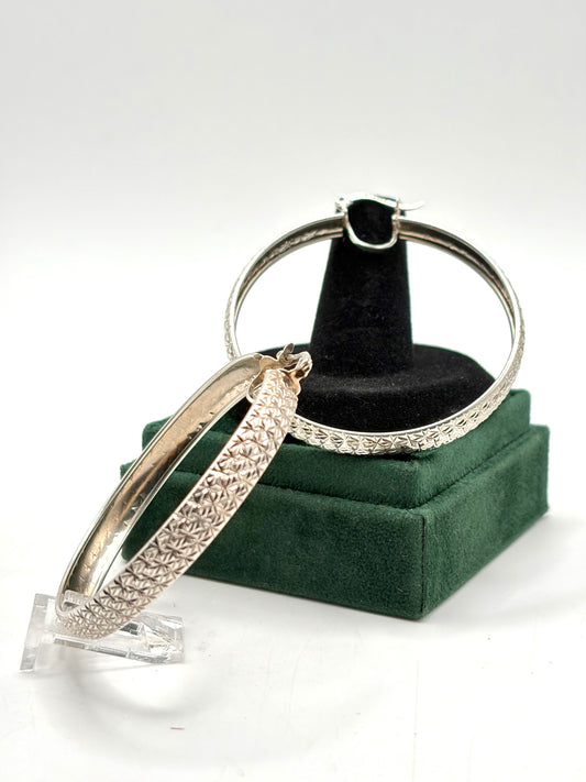 .925 Sterling Silver Geometric Cut Large Hoop Earrings