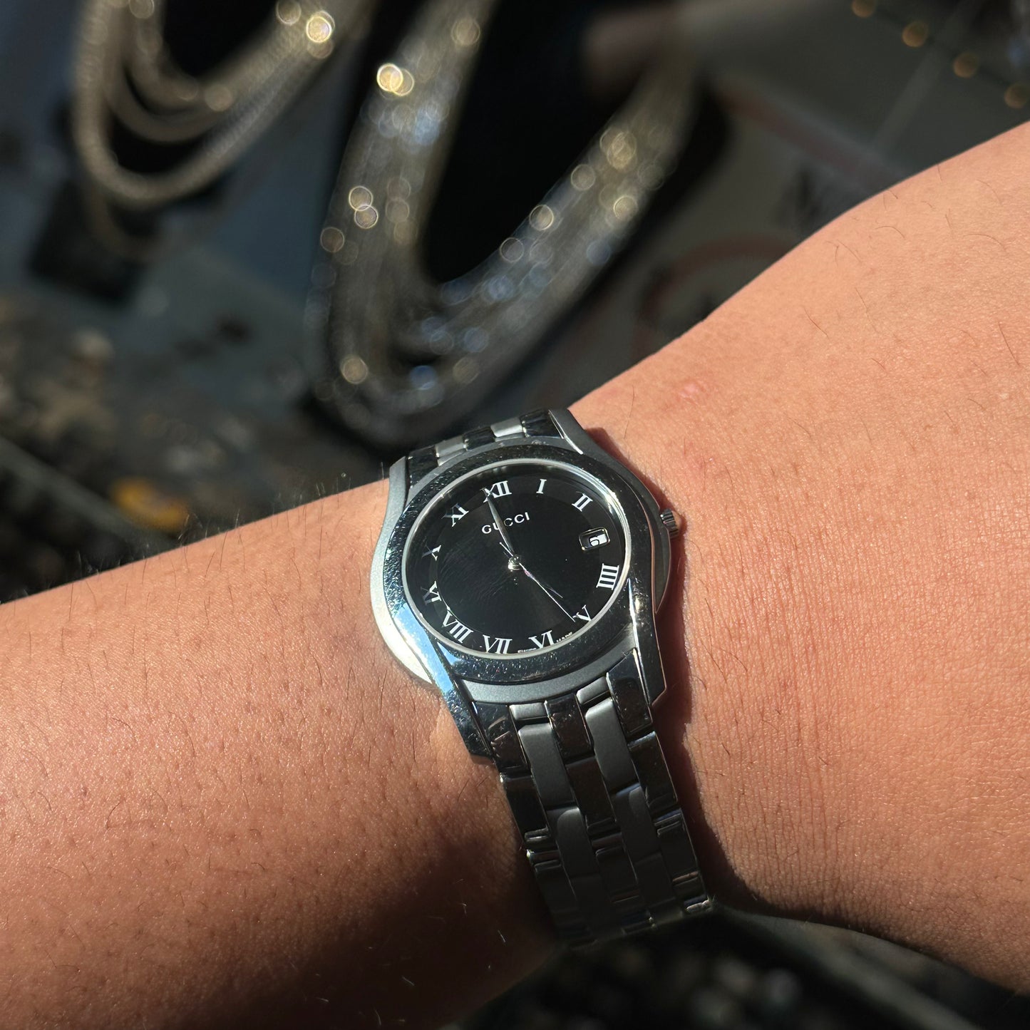 Gucci Stainless Steel Black Dial Watch w/ Roman Numerals & Date - Swiss
Made