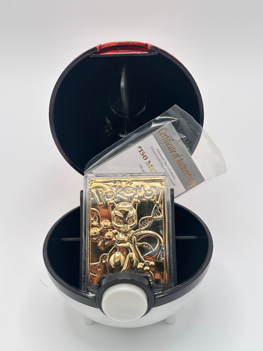 23k Gold Plated Mewtwo Pokémon Metal Card w/ Poké Ball Display