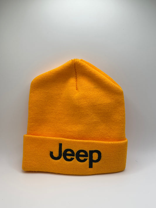 Jeep Yellow Knit Beanie – Black Embroidered Logo Winter Hat