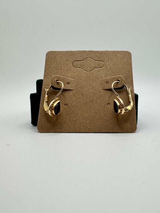 .925 Sterling Silver Gold Tone Garnet Teardrop Dangle Earrings